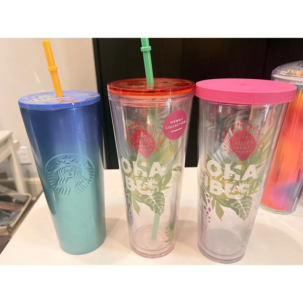 Starbucks Aloha Hawaii Tumbler Bundle 3 Pc Blue Ombre Stainless + 2 Cold Cups